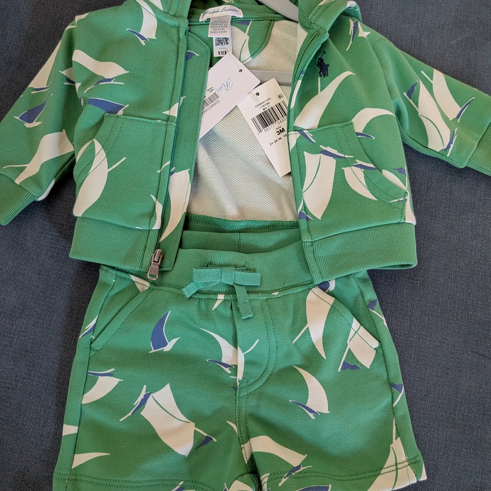 Ralph Lauren Green Zip-Up And Shorts with Sailboat Design NWT